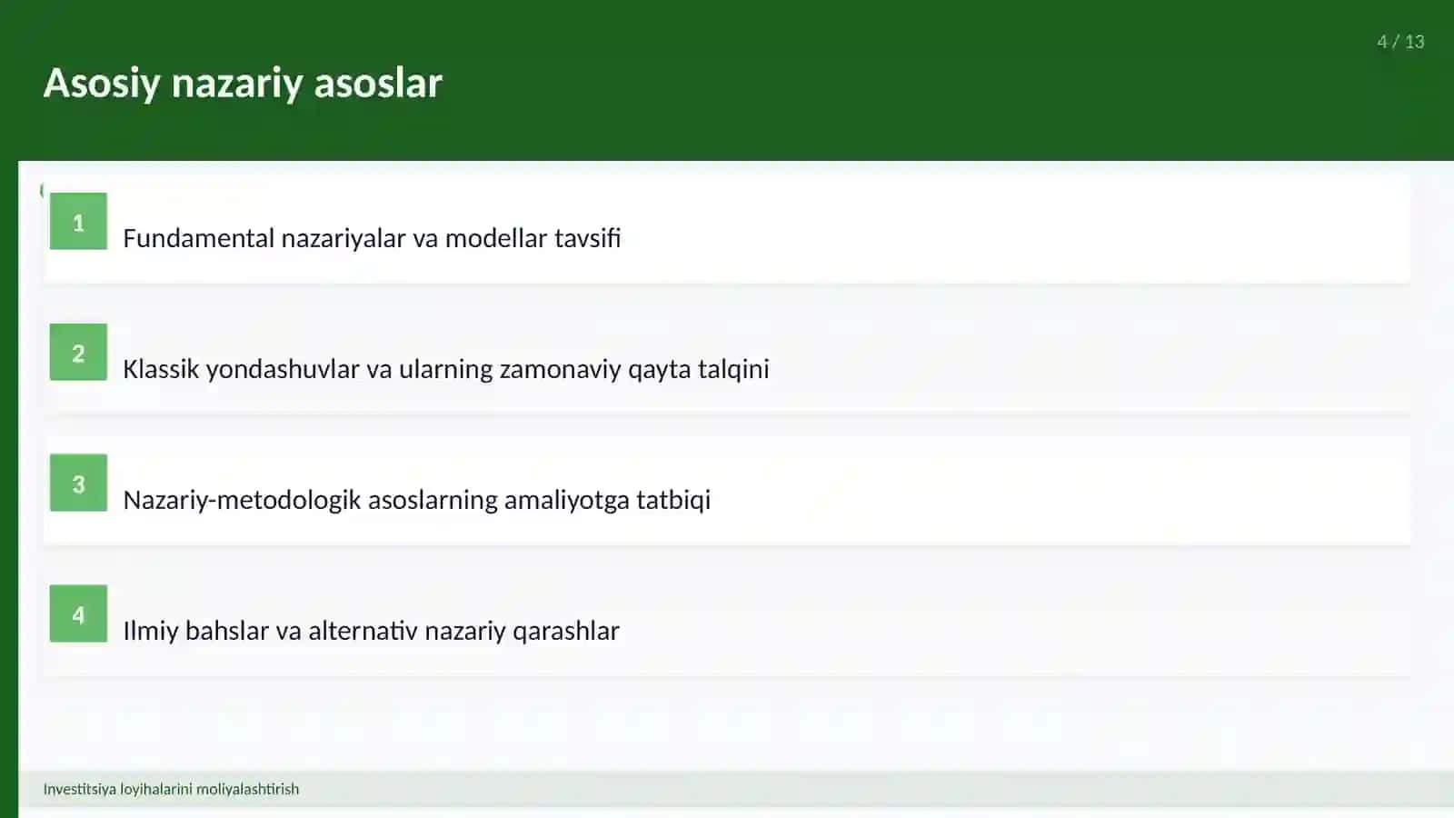 Investitsiya loyihalarini moliyalashtirish 4