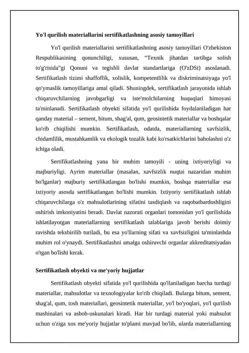 Yo'l qurilish materiallarini sertifikatlashtirishning tamoyillari va asosiy masalalari 4