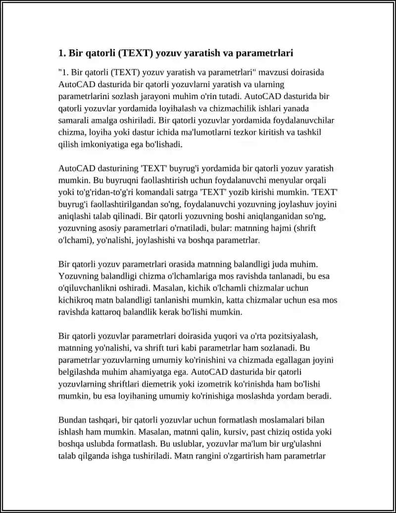 BIR VA KO'P QATORLI YOZUVLARNI CHIZMADA BAJARISH VA ULARNI O'ZGARTIRISH IMKONIYATLARI AUTOCAD DASTURIDA O'LCHAM QO'YISH IMKONIYATLARI 4