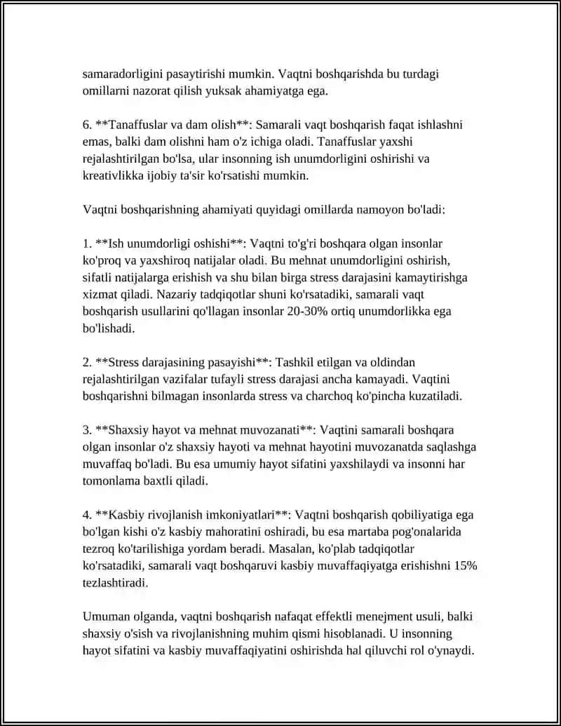 VAQTNI BOSHQARISH (TIME MANAGEMENT) KOʻNIKMASI VA RIVOJLANTIRISH YOʻLLARI 4