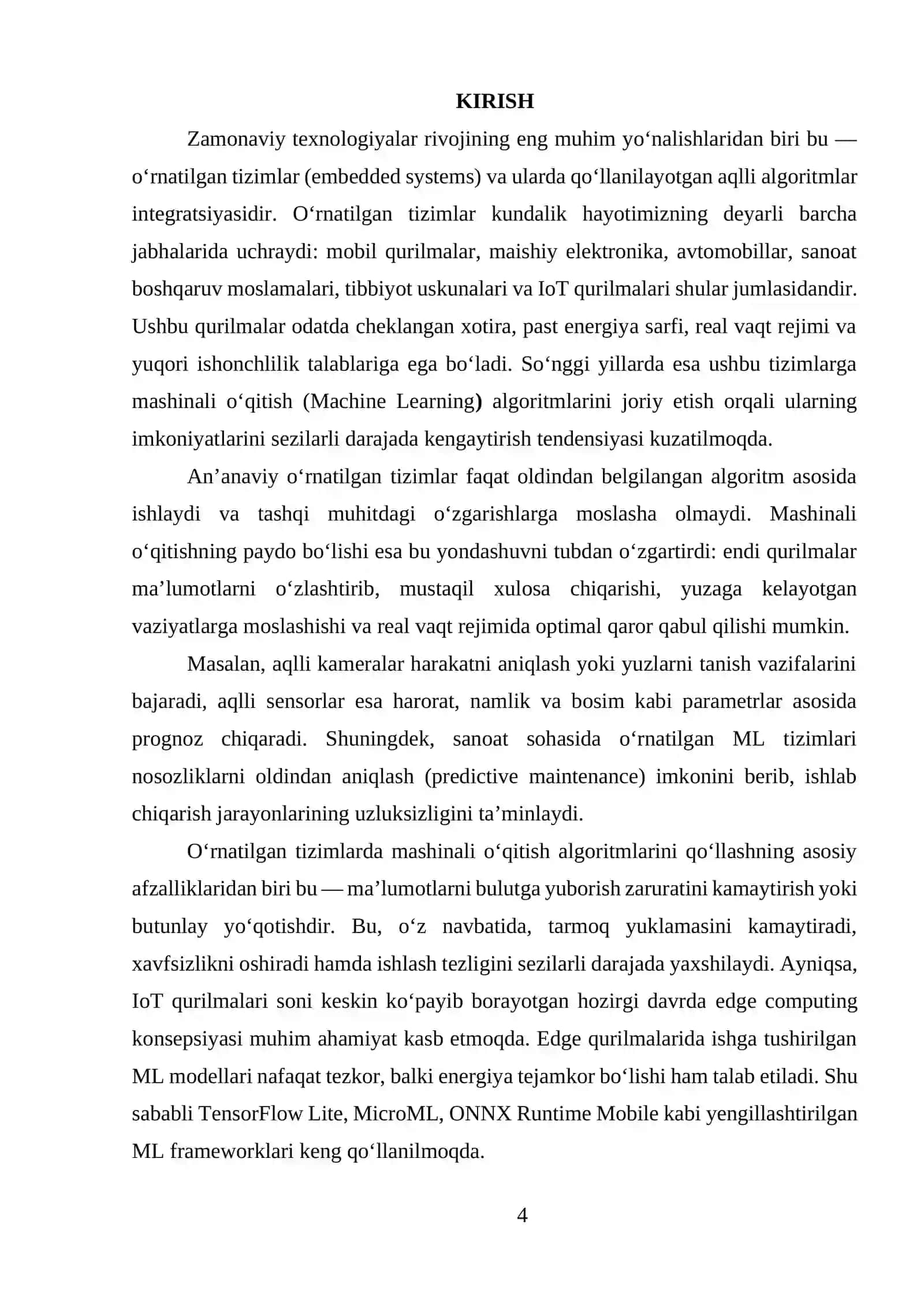 O’RNATILGAN TIZIMLARDA MASHINALI O’QITISH ALGORITMLARINI QO’LLASH 4