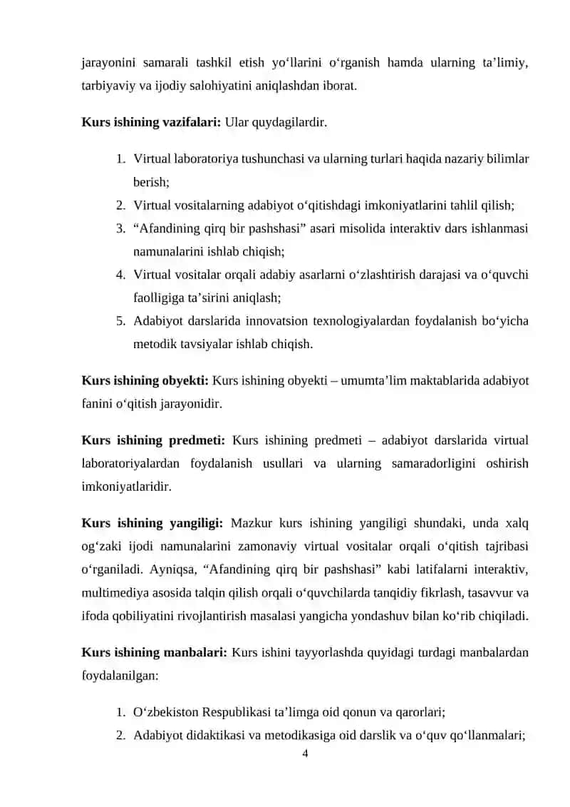 "Adabiyot o‘qitish metodikasi" fanidan Virtual labaratoriyalar va ularning adabiyot o’qitishdagi o’rni (Afandining qirq bir pashshasi) mavzusidagi KURS ISHI 4