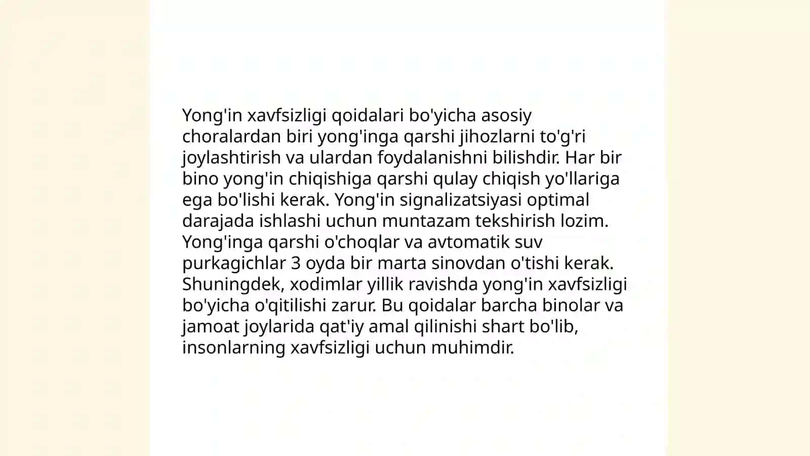 O'zbekiston Respublikasining yong'in va portlash xavfi bo'yicha me'yoriy xujjatlar talablarini o‘rganish (Yong'in xavfsizligi to‘g‘risidagi qonun va qonun osti xujjatlari) 4