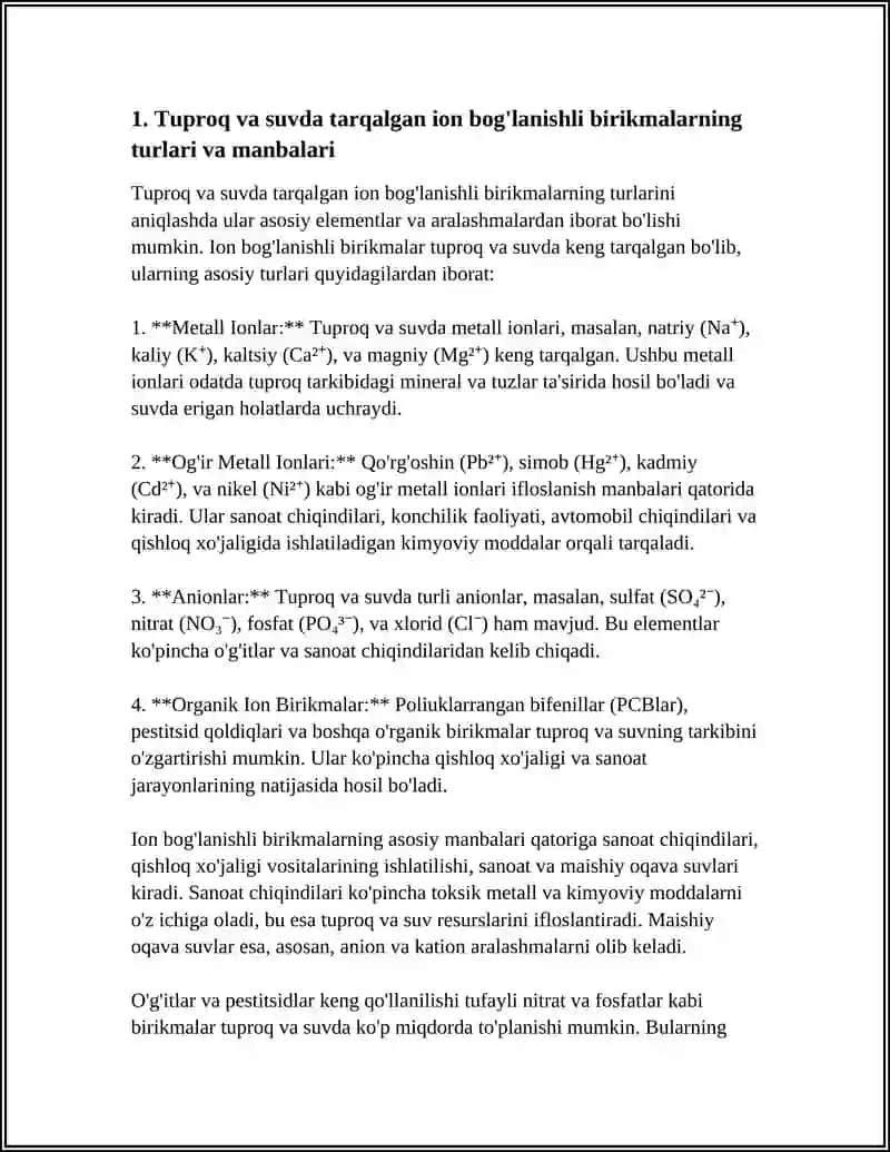 Tuproq va suvning ifloslanishida ion bog'lanishli birikmalarni aniqlab ulardan tozalash usulini ishlab chiqish 4