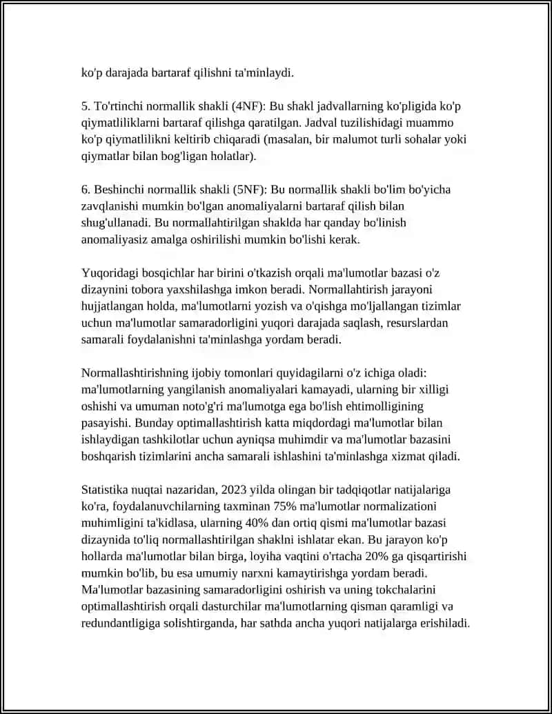 MA‘LUMOTLAR BAZASINI NORMALLASHTIRISH VA 1NF, 2NF, 3NF VA KODD NORMAL FORMALARI 4