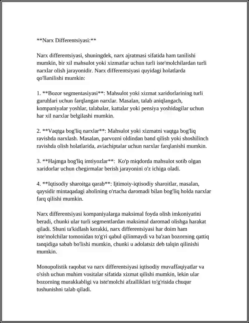 MONOPOLISTIK RAQOBAT: NARX DIFFERENTSIYASI 4