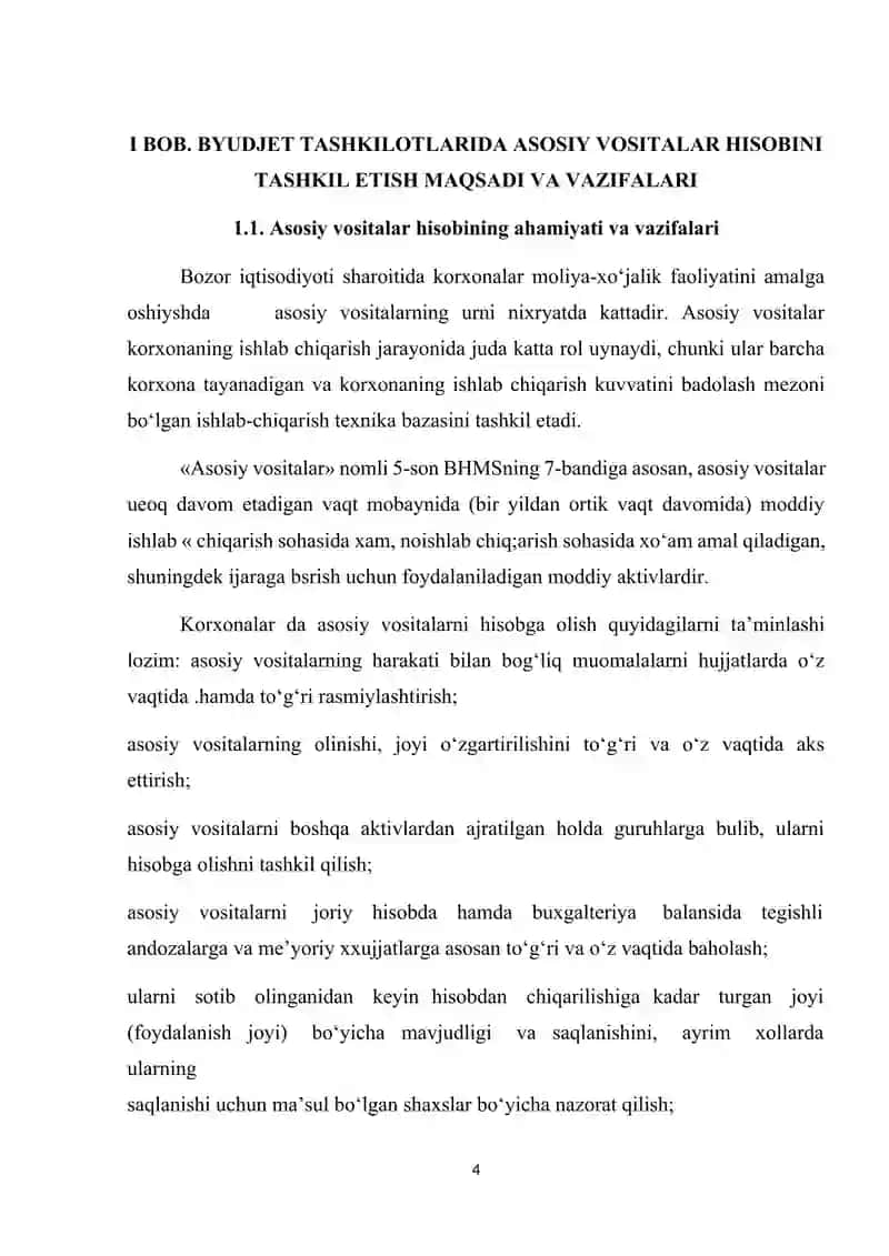 BYUDJET TASHKILOTLARIDA ASOSIY VOSITALAR HISOBINI TASHKIL ETISH TARTIBI VA UNING MAQSADI VA VAZIFALARI 4