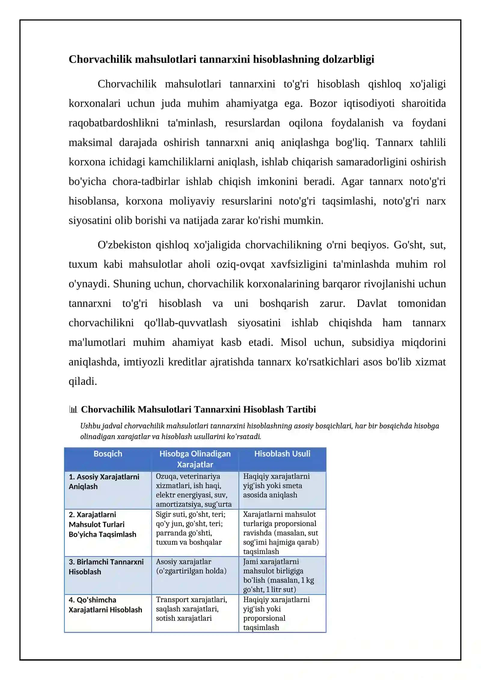 CHORVACHILIK MAHSULOTLARI TANNARXINI HISOBLASH USULLARI 4