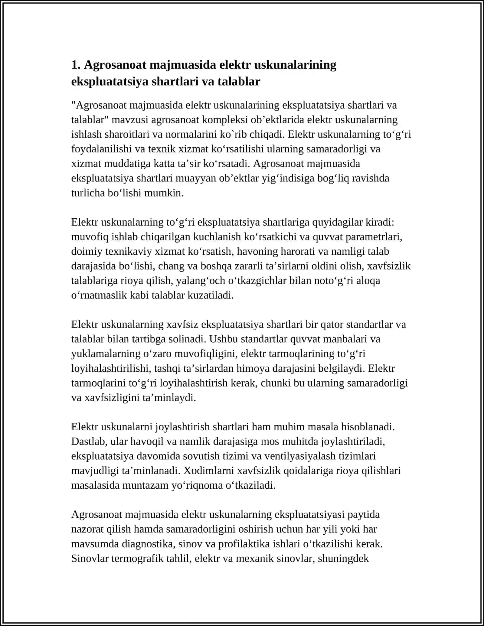AGROSANOAT MAJMUA OB’EKTLARIDA ELEKTR USKUNALARNING EKSPLUATATSIYA XUSUSIYATLARI VA KO‘RSATKICHLARI 4