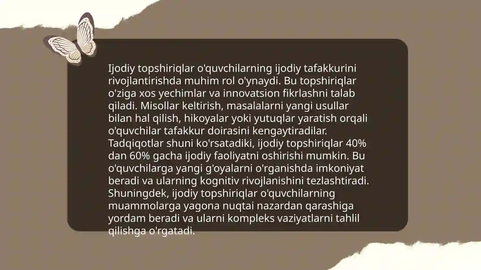 Savol va topshiriqlarning o'quvchi mustaqil faoliyatini tashkil etishdagi va ijodiy tafakkurini o'stirishdagi o'rni 4