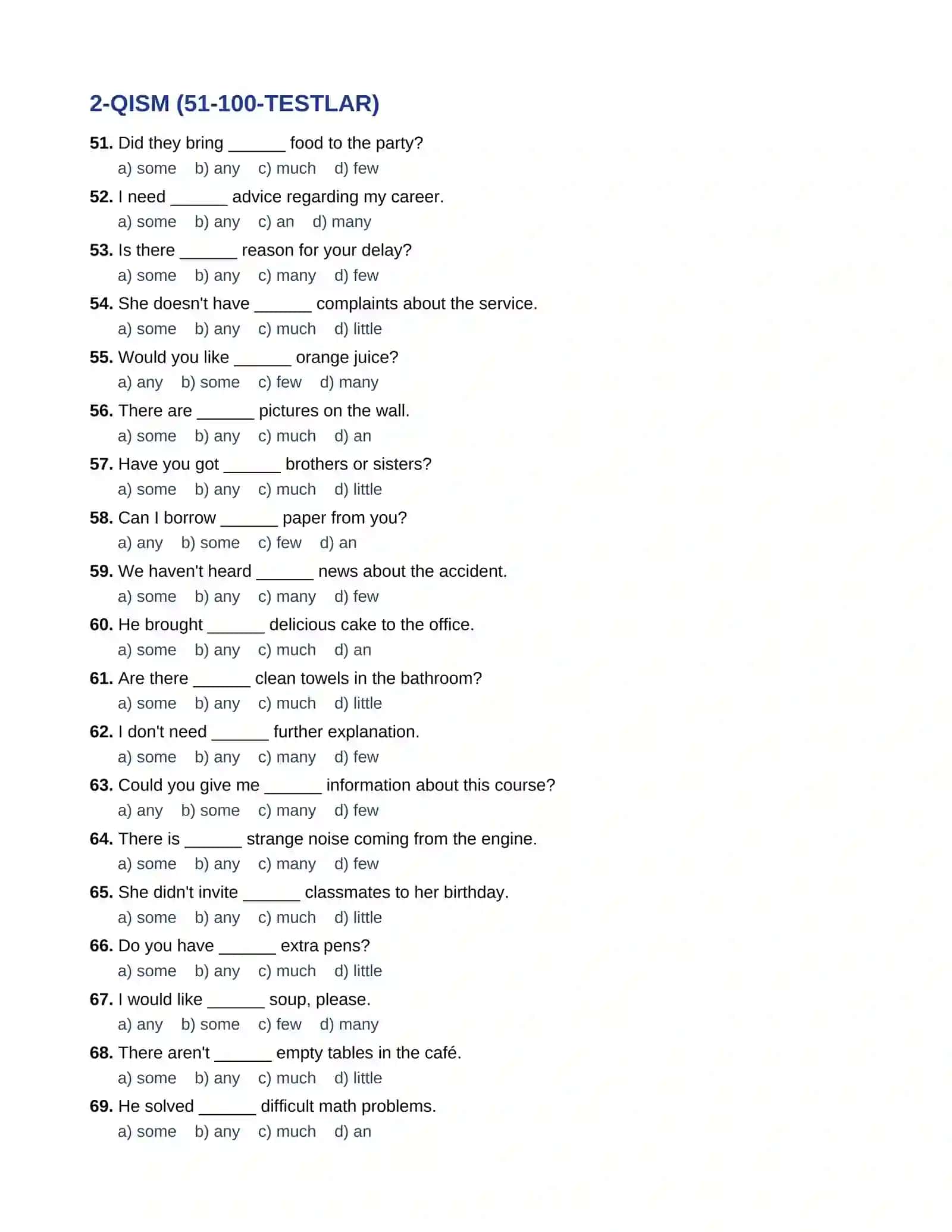 ENGLISH GRAMMAR TEST: SOME / ANY  100 talik test javoblari bilan 4