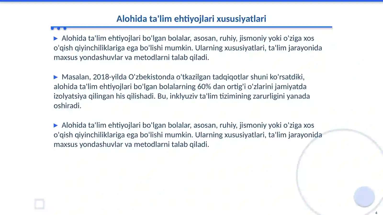Alohida ta'lim ehtiyojlari bulgan bolalarni oqitish uchun inklyuzif ta'lim tizimi 4