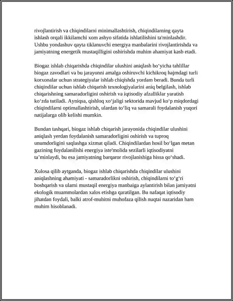 BIOGAZ ISHLAB CHIQARISHDA CHIQINDILAR ULUSHINI ANIQLASH BO‘YICHA TAHLILIY ISHI 4
