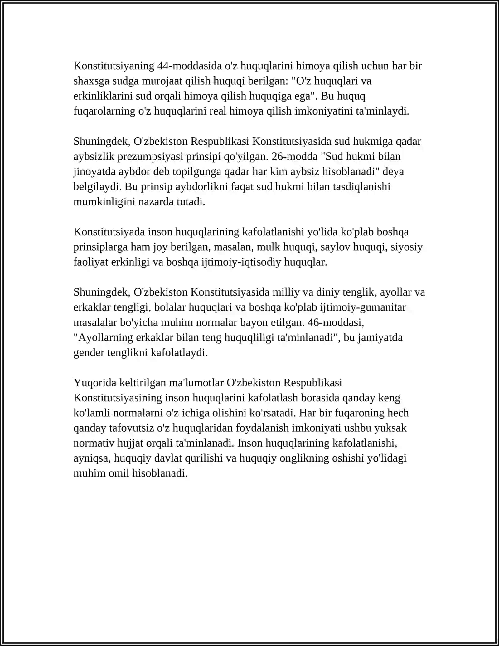 OʻZBEKISTON RESPUBLIKASIDA INSON VA FUQAROLARNING ASOSIY HUQUQLARI 4