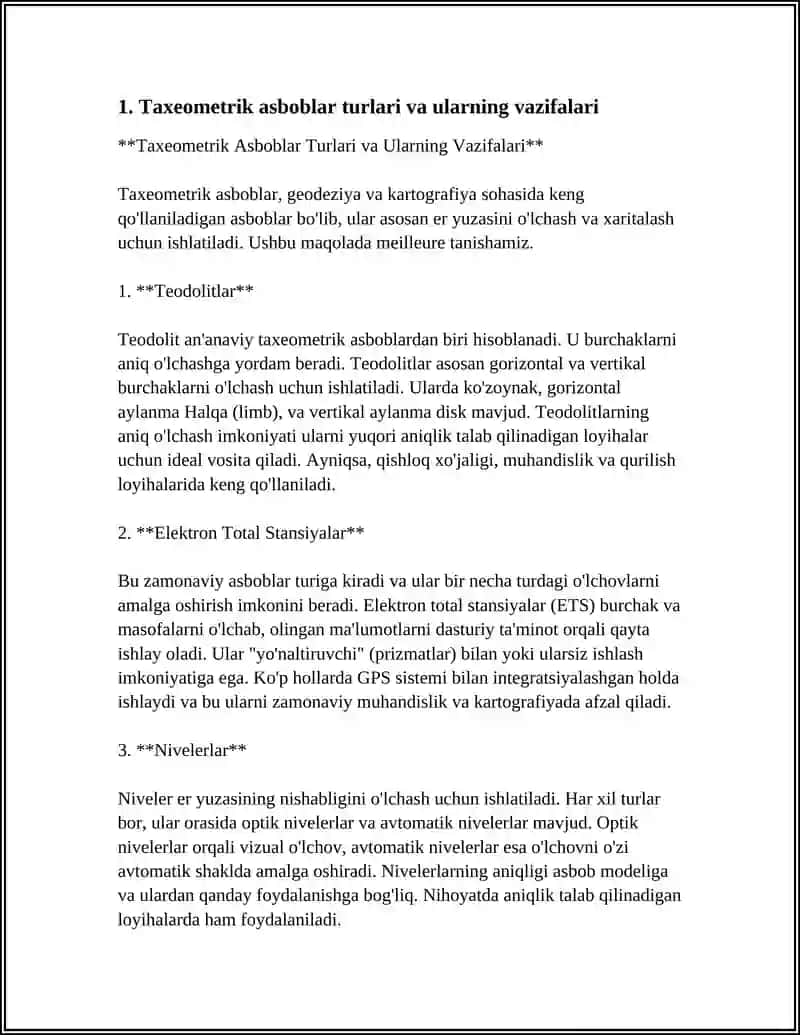 TAXEOMETRIK SYOMKANI BAJARISH UCHUN ISHLATILADIGAN GEODEZIK ASBOBLAR. TAXEOMETRIK YOʻL OʻTKAZISH 4