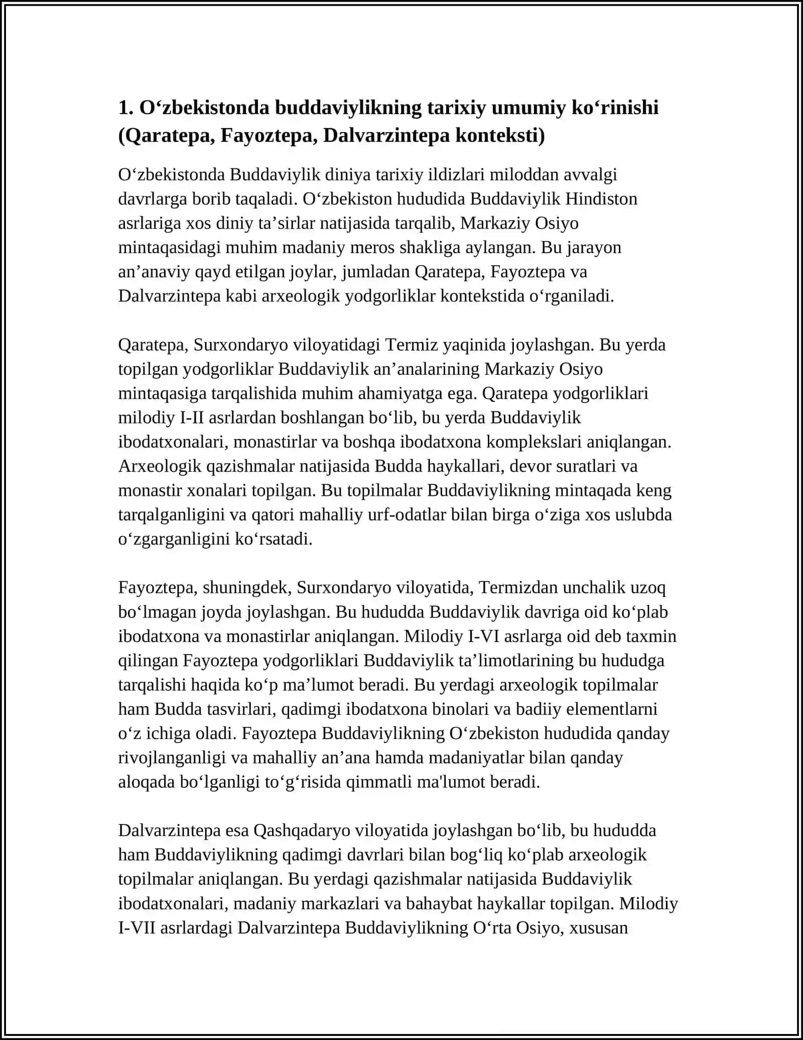 O'ZBEKISTON BUDDAVIYLIK DININING TARIXIY ILDIZLARI (QARATEPA, FAYOZTEPA,DALVARZINTEPA)VA HOZIRGI ZAMON 4