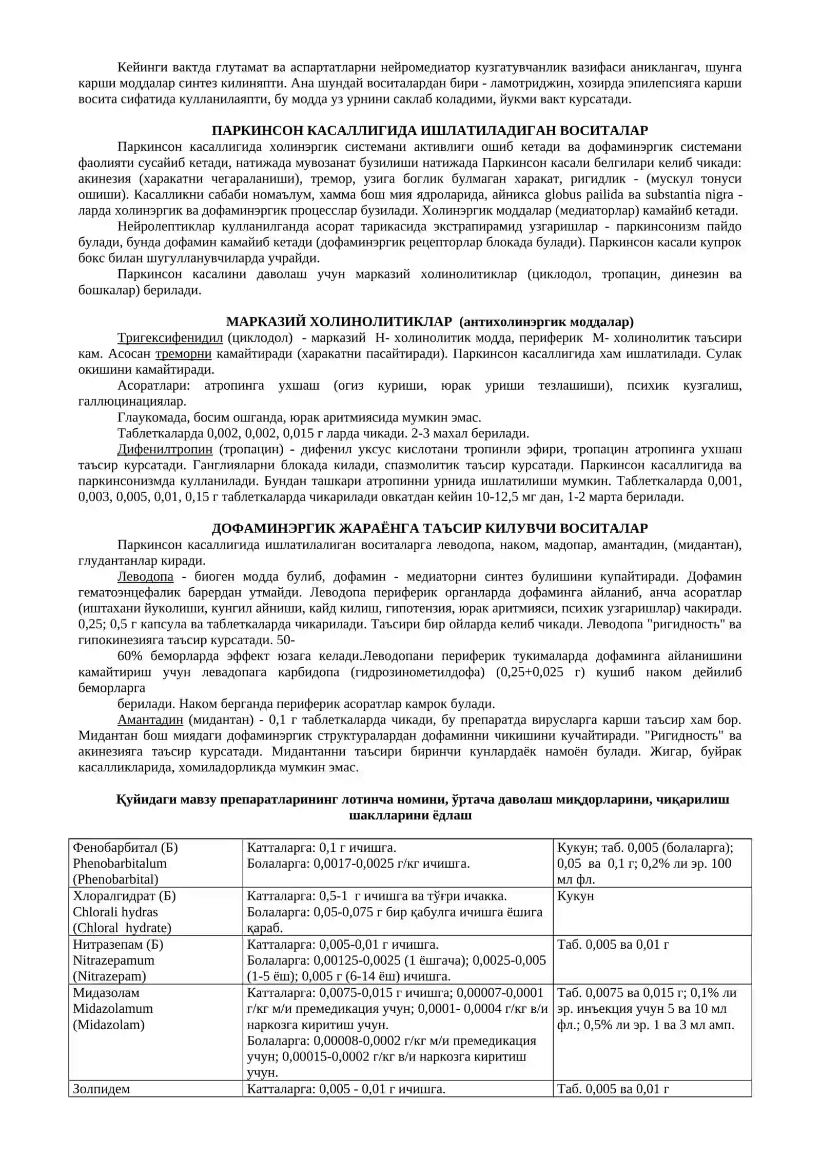 УХЛАТУВЧИЛАР, ТУТҚАНОҚ ВА ПАРКИНСОНИЗМГА ҚАРШИ ДОРИЛАР 4