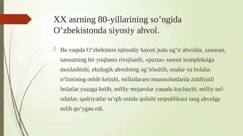 XX asrining 80-yillarining so'ngida O‘zbekiston siyosiy, iqtisodiy va ijtimoiy muammolar 4