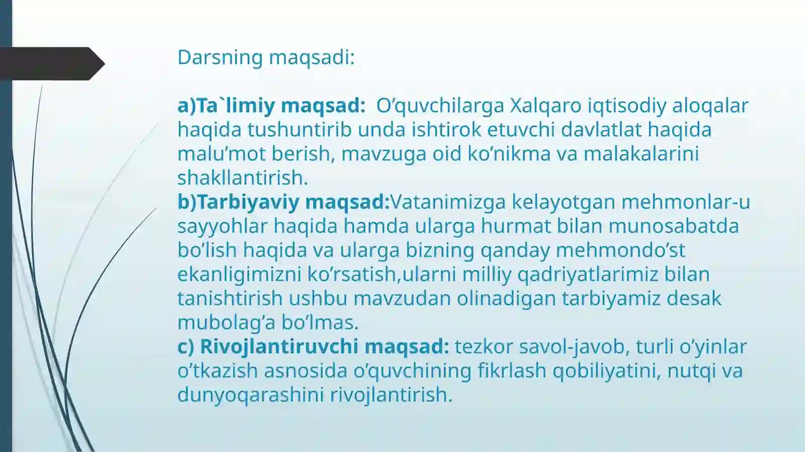 10-sinf Geografiya fanidan Xalqaro iqtisodiy aloqalar mavzusida ochiq dars ishlanma 4