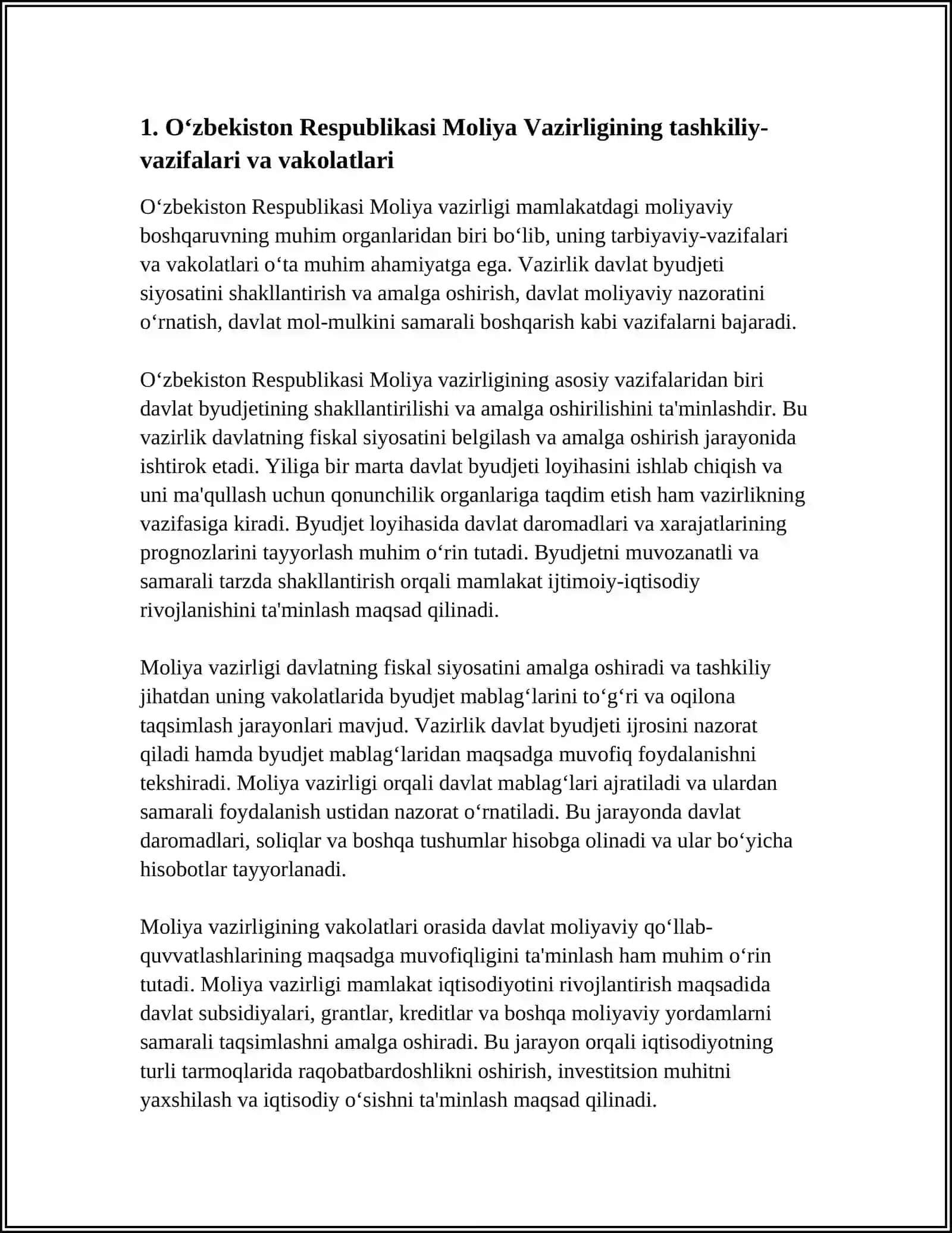OʻZBEKISTON RESPUBLIKASI MOLIYA VAZIRLIGI UNING MOLIYAVIY BOSHQARUVDAGI VAZIFALARI 4