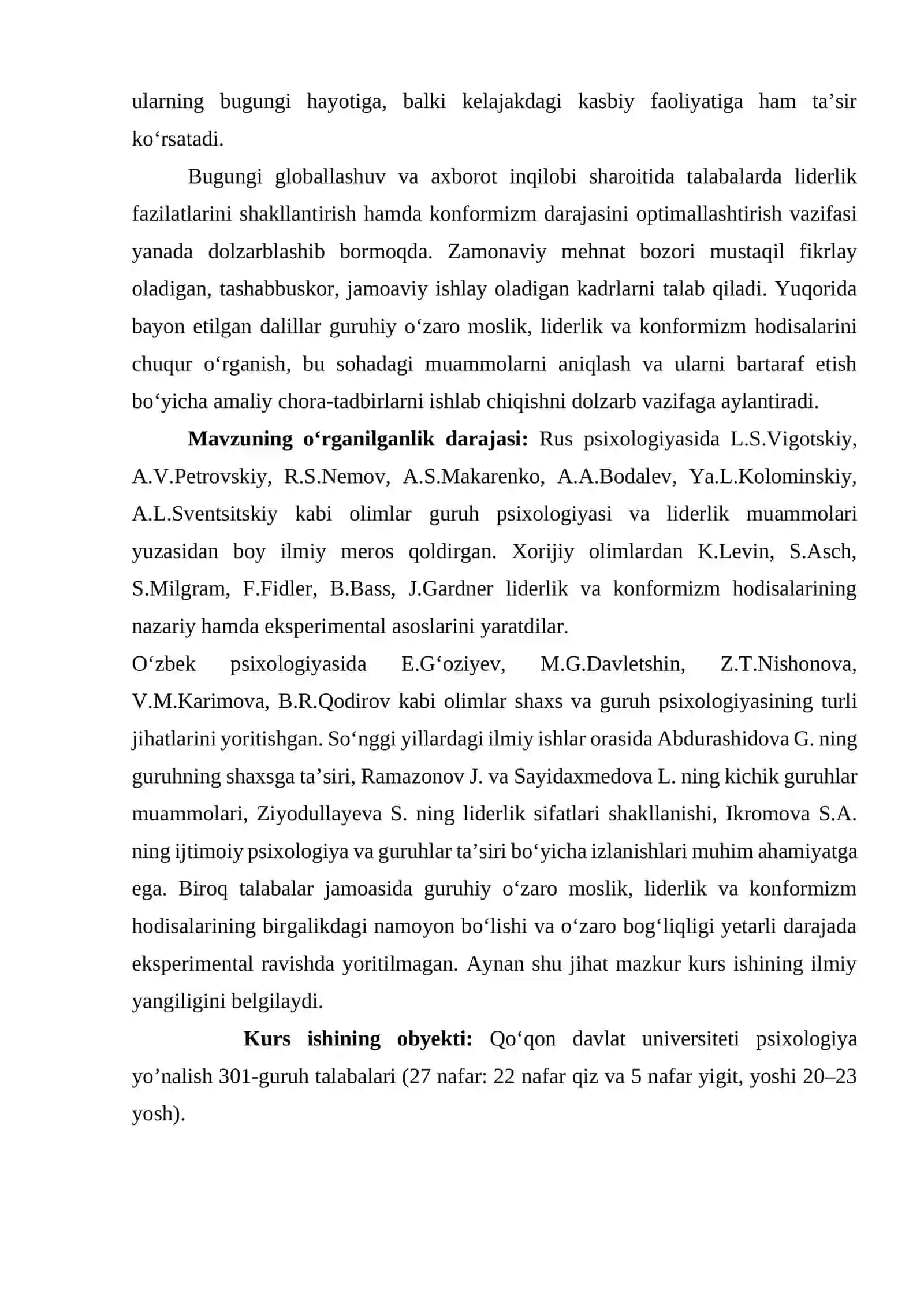 GURUHIY O'ZARO MOSLIK, LIDERLIK VA KONFORMIZM HODISALARI 4