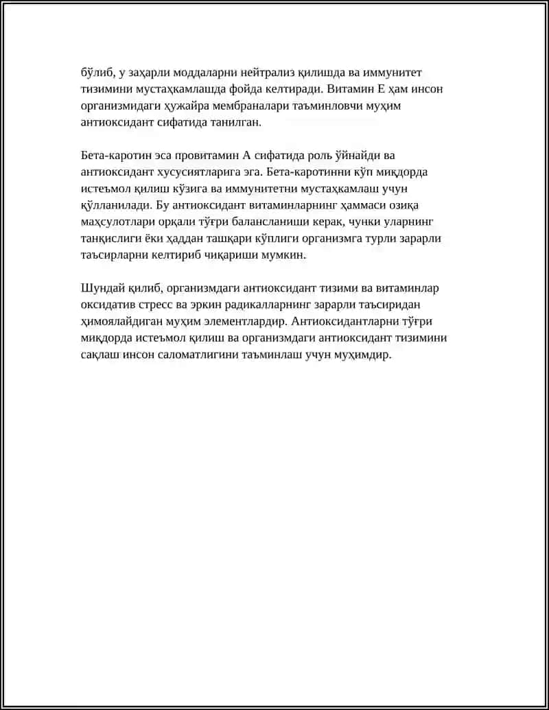 ОРГАНИЗМДАГИ АНТИОКСИДАНТ ТИЗИМ. АНТИОКСИДАНТ ХУСУСИЯТГА ЭГА БЎЛГАН ВИТАМИНЛАР 4