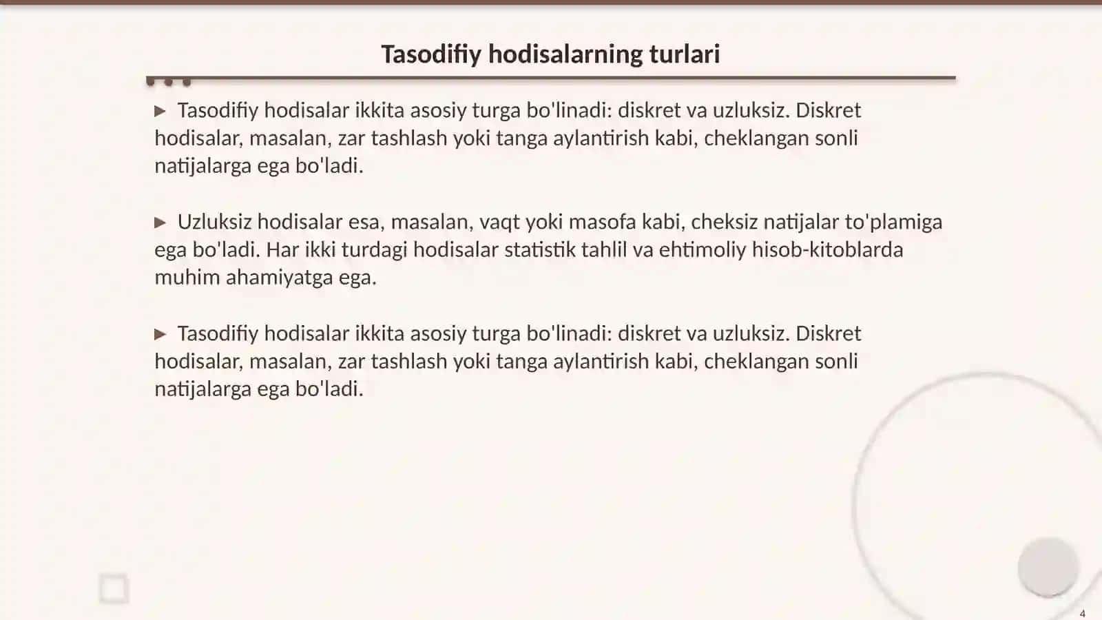 Elementar hodisalar fazosi. Tasodifiy hodisalar ustida amallar 4