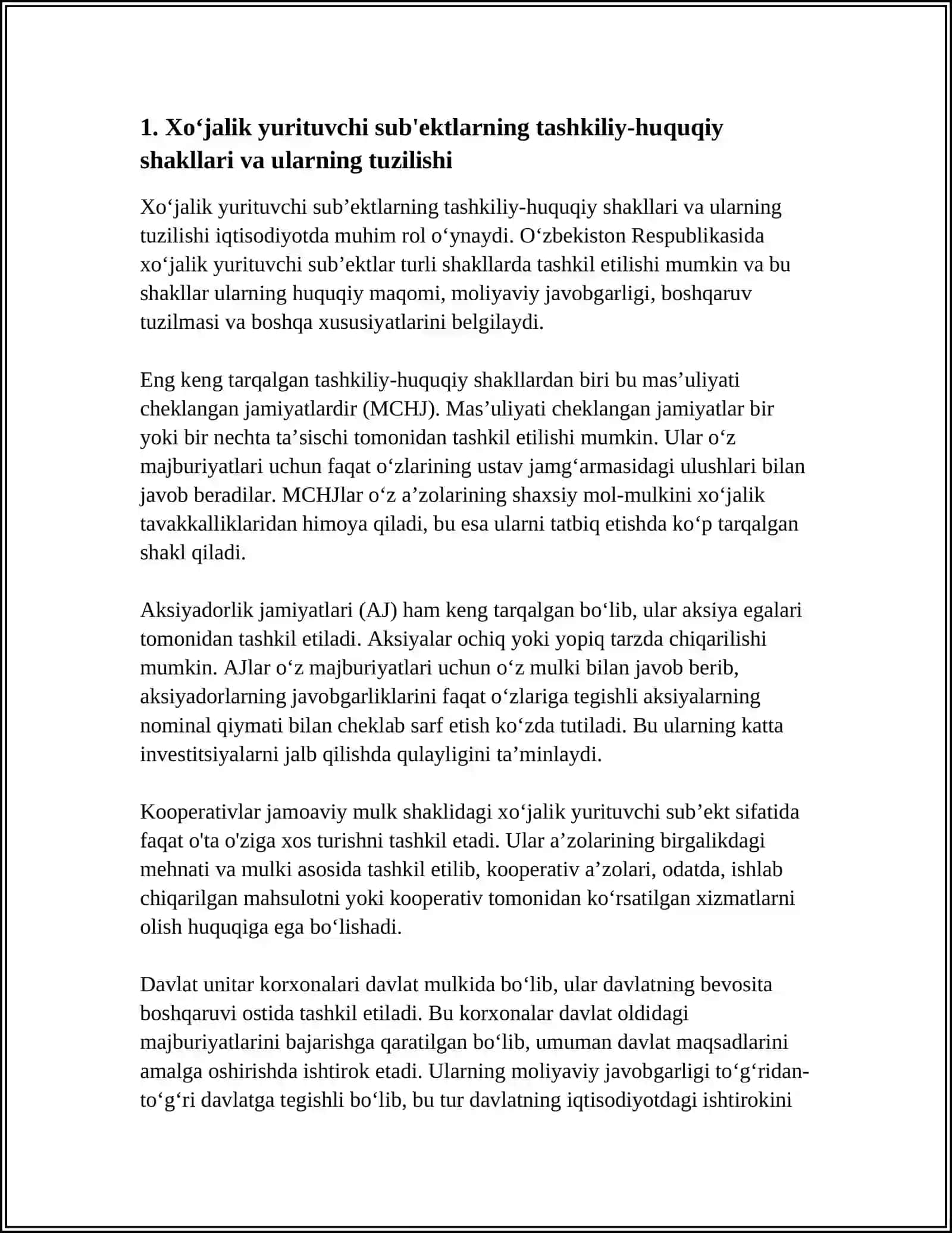 XO‘JALIK YURITUVCHI SUB’EKTLARNING TARKIBNY TUZILISHI, ISHLAB CHIQARISHNI TASHKIL QILISH TEXNOLOGIYASI VA BUXGALTERIYA HISOBINI YURITISHNING TASHKILIY TIZIMI 4