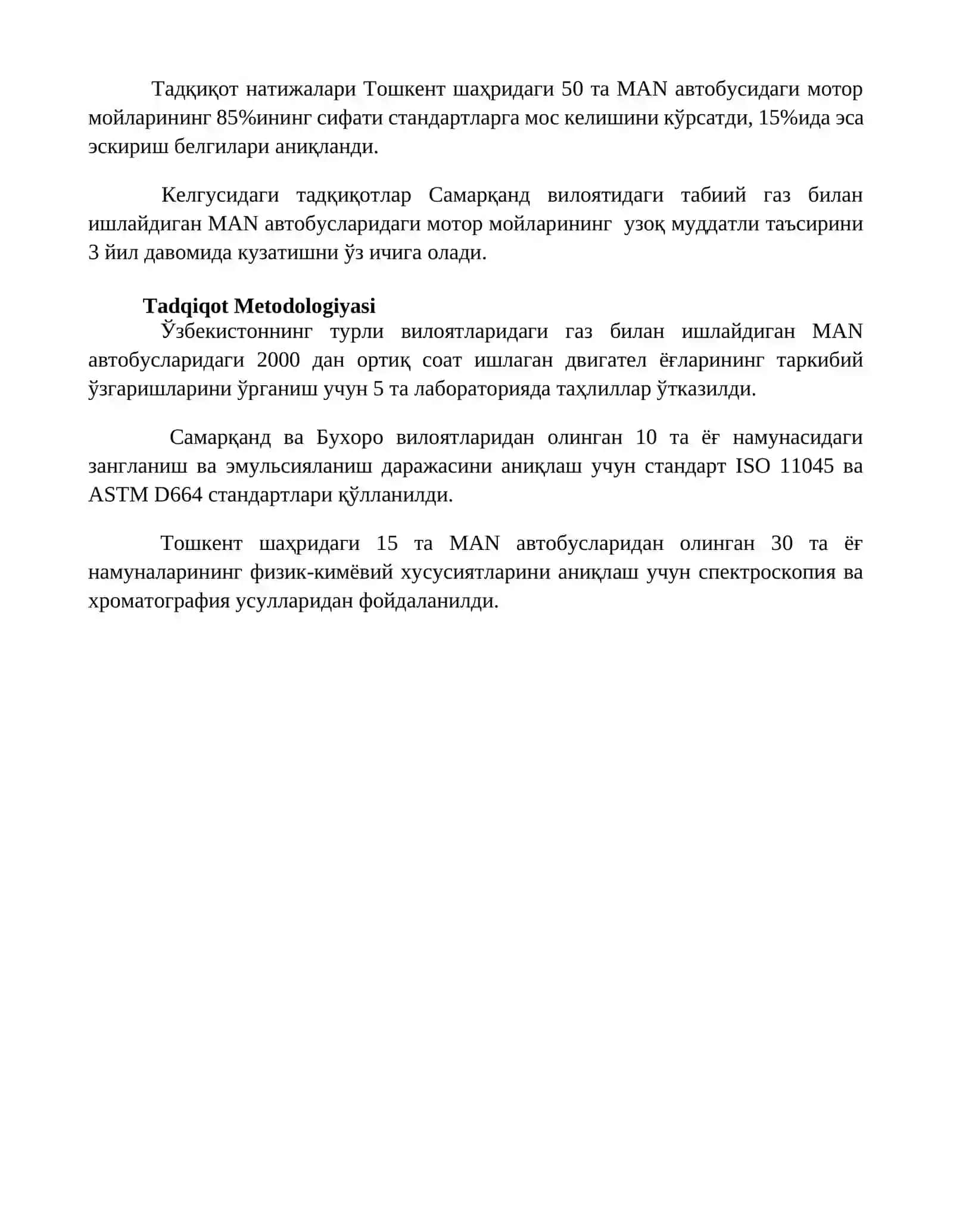 Siqilgan gazda ishlaydigan MAN avtobuslarining motor moylarini sifatini tahlil qilish 4