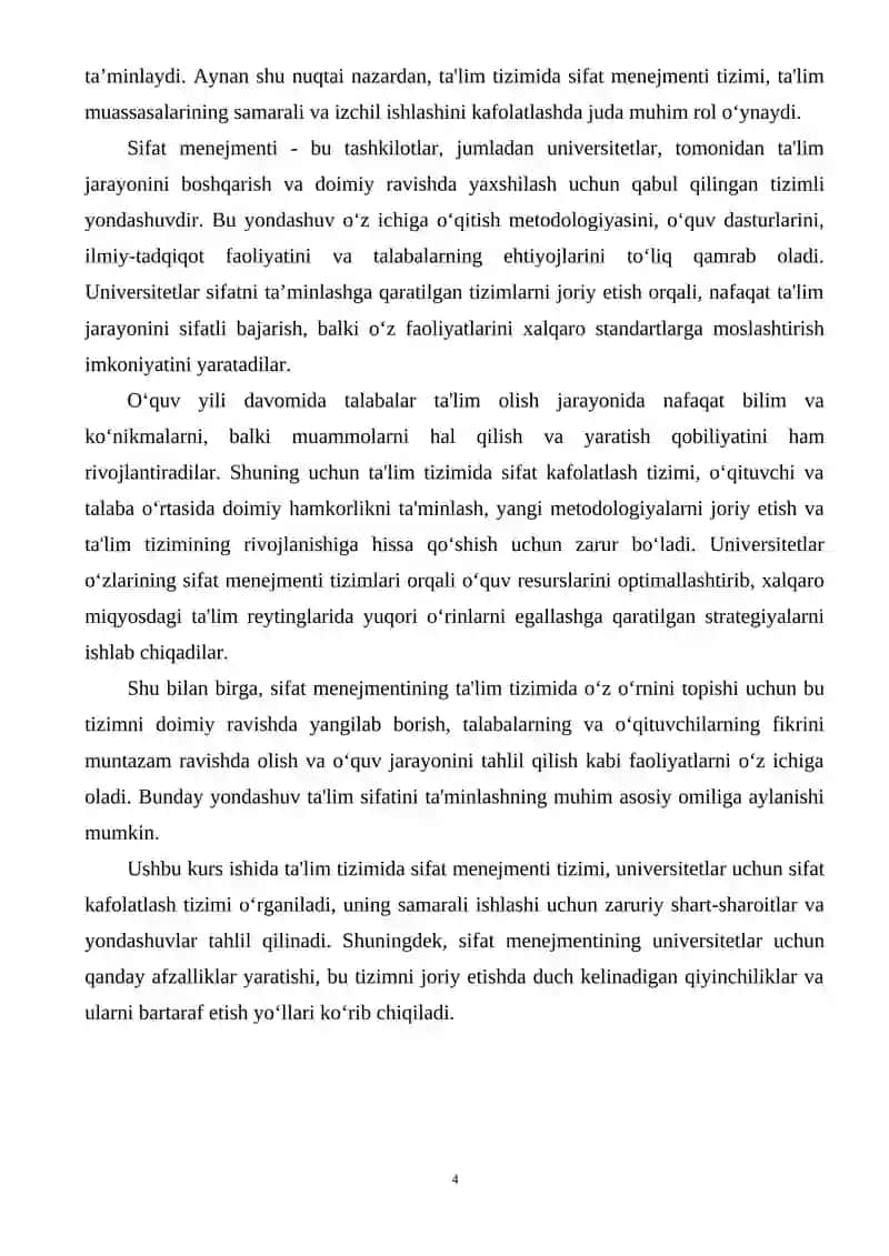 TA’LIM TIZIMIDA SIFAT MENEJMENTI: UNIVERSITETLAR UCHUN SIFAT KAFOLATLASH TIZIMI 4