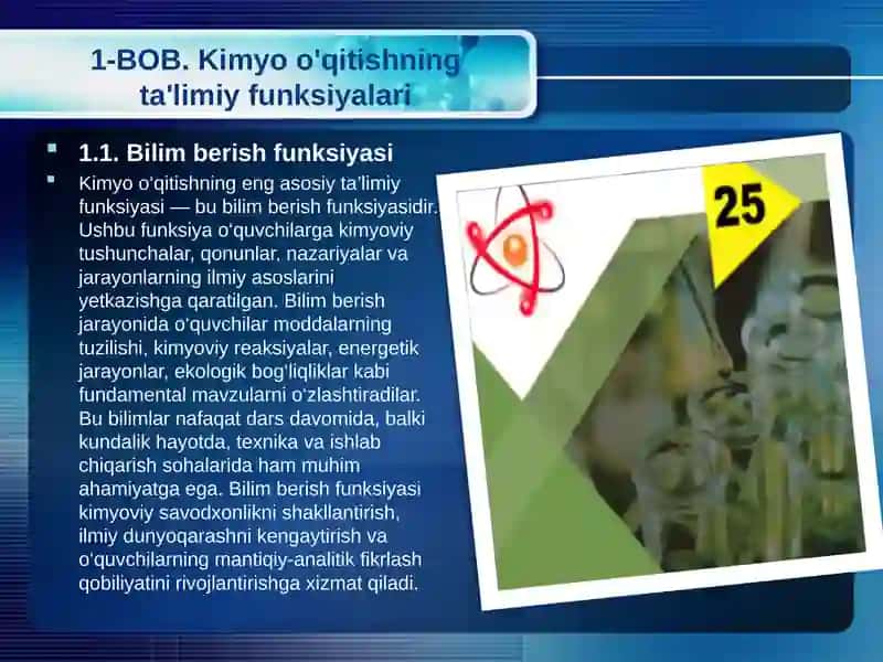 Kimyo o'qitishning ta'limiy funktsiyalari 4