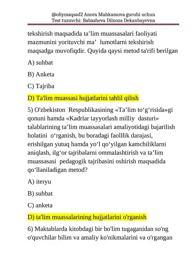 Test tuzuvchi: Babasheva Dilnoza Dekanbayevna 4