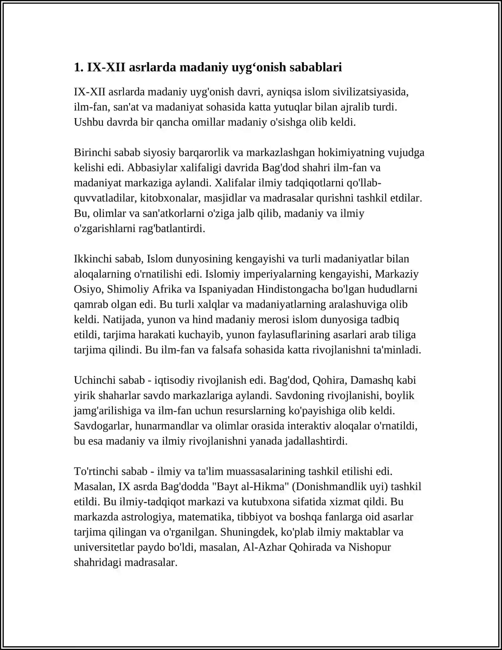 IX-XII ASRLARDA MAMLAKATIMIZ HUDUDIDA RO‘Y BERGAN MADANIY UYG‘ONISH (RENESSANS). BUYUK ALLOMALARNING JAHON SIVILIZATSIYASIGA QO‘SHGAN HISSASI 4