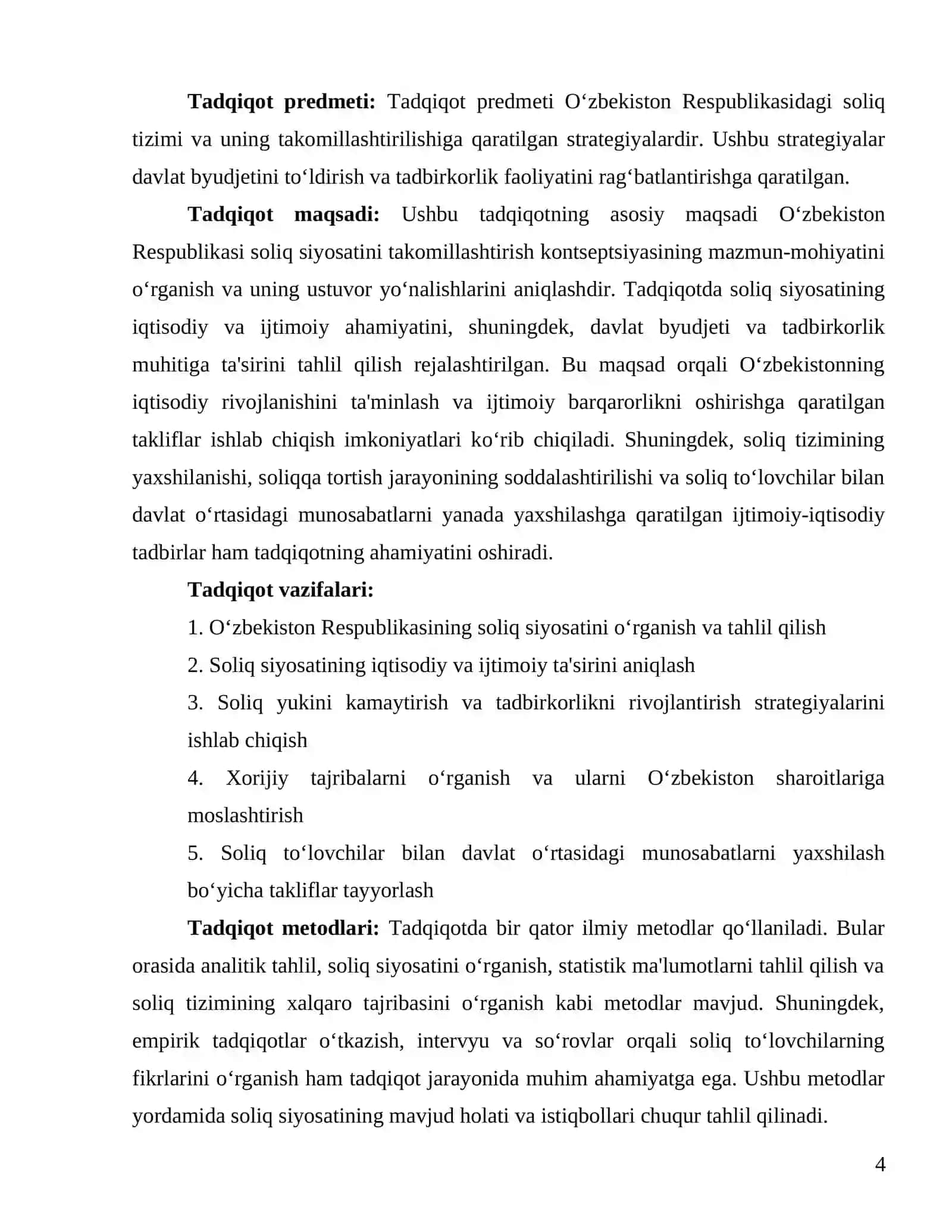 "O‘zbekiston Respublikasi soliq siyosatini takomillashtirish kontseptsiyasining mazmun-mohiyati va ustuvor yoʼnalishlari" 4