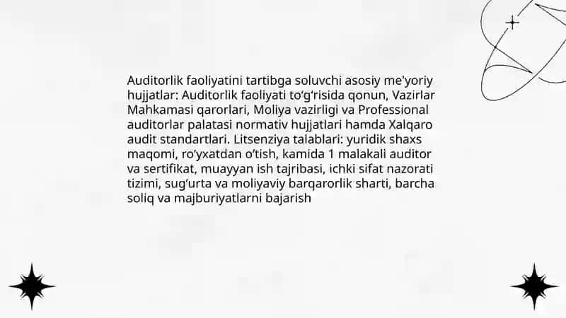 Moliyaviy hisobotning auditida qonunlar va me'yoriy hujjatlarni ko'rib chiqish 4
