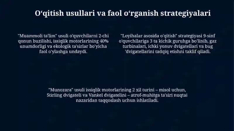 9-sinfda “Issiqlik mashinalari va tabiatni muhofaza qilish”mavzusini o‘qitish metodikasi 4