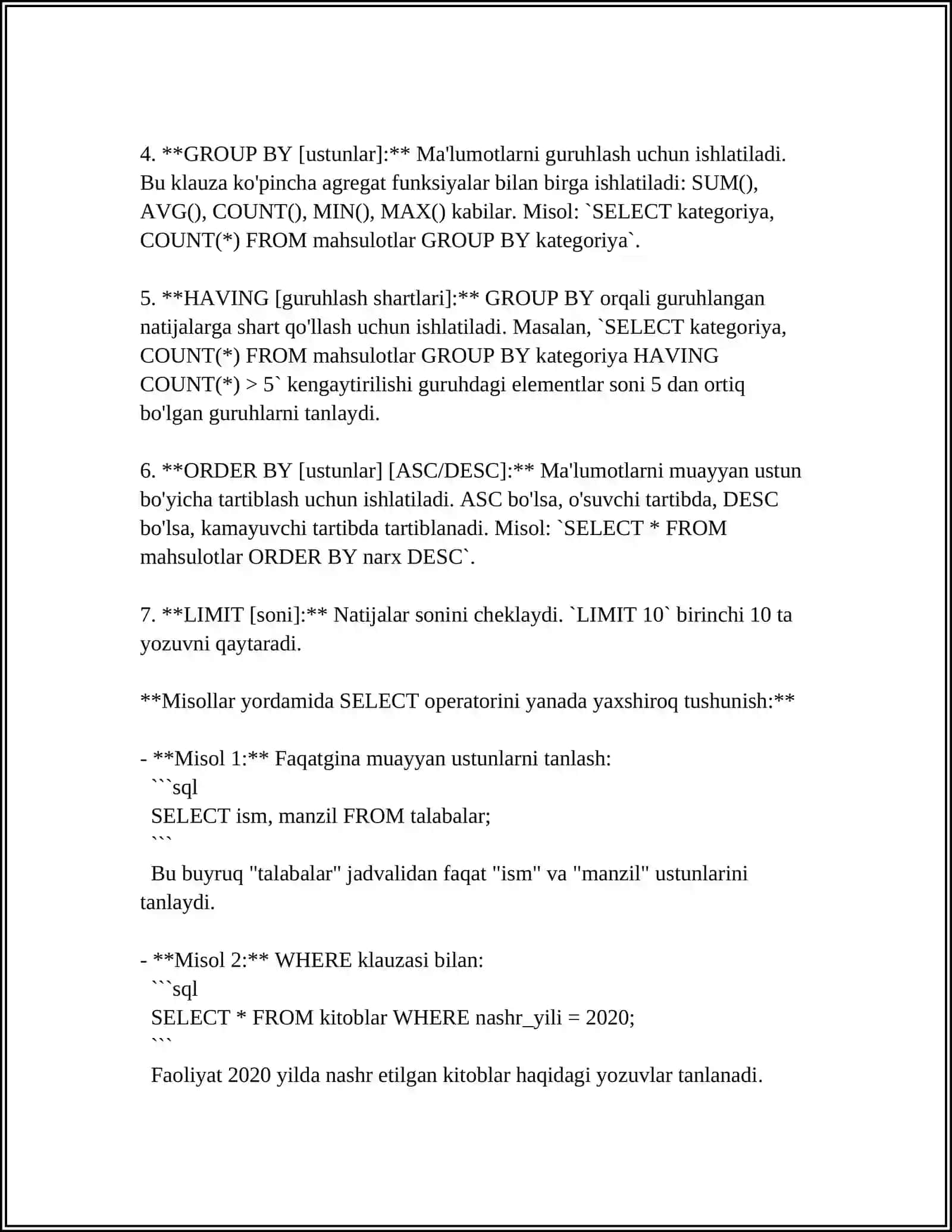 SELECT OPERATORIDAN FOYDALANISH: DISTINCT, AS, LIMIT, FETCH FIRST OPERARORLARI 4