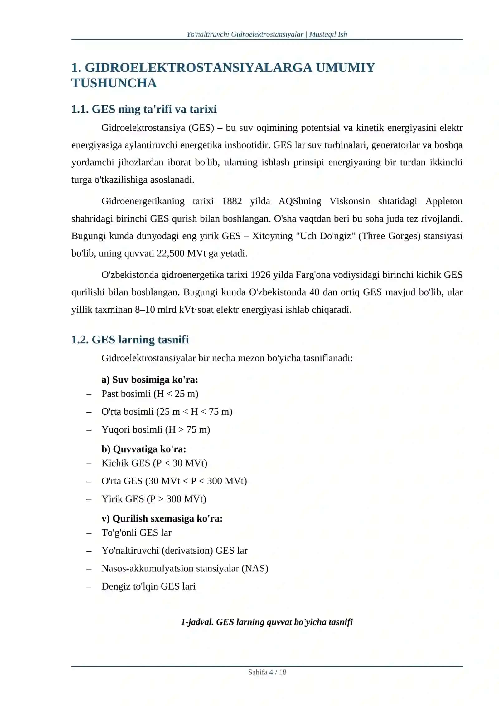 Issiqlik texnikasi va Gidroenergetika fanidan "Yo'naltiruvchi Gidroelektrostansiyalar' mavzusida mustaqil ish 4