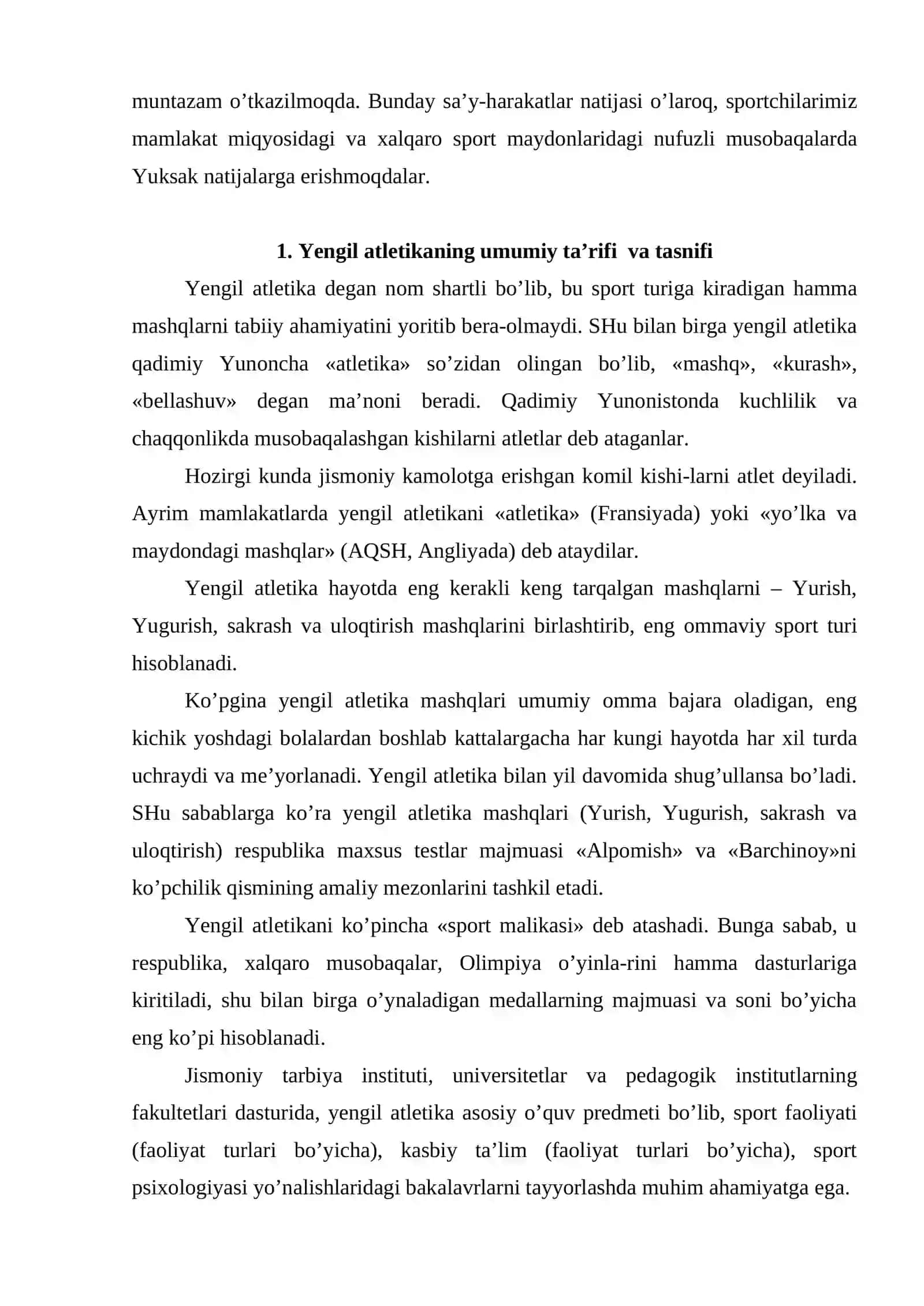 Yengil atletika faniga kirish va uning jismoniy tarbiya tizimidagi o`rni 4