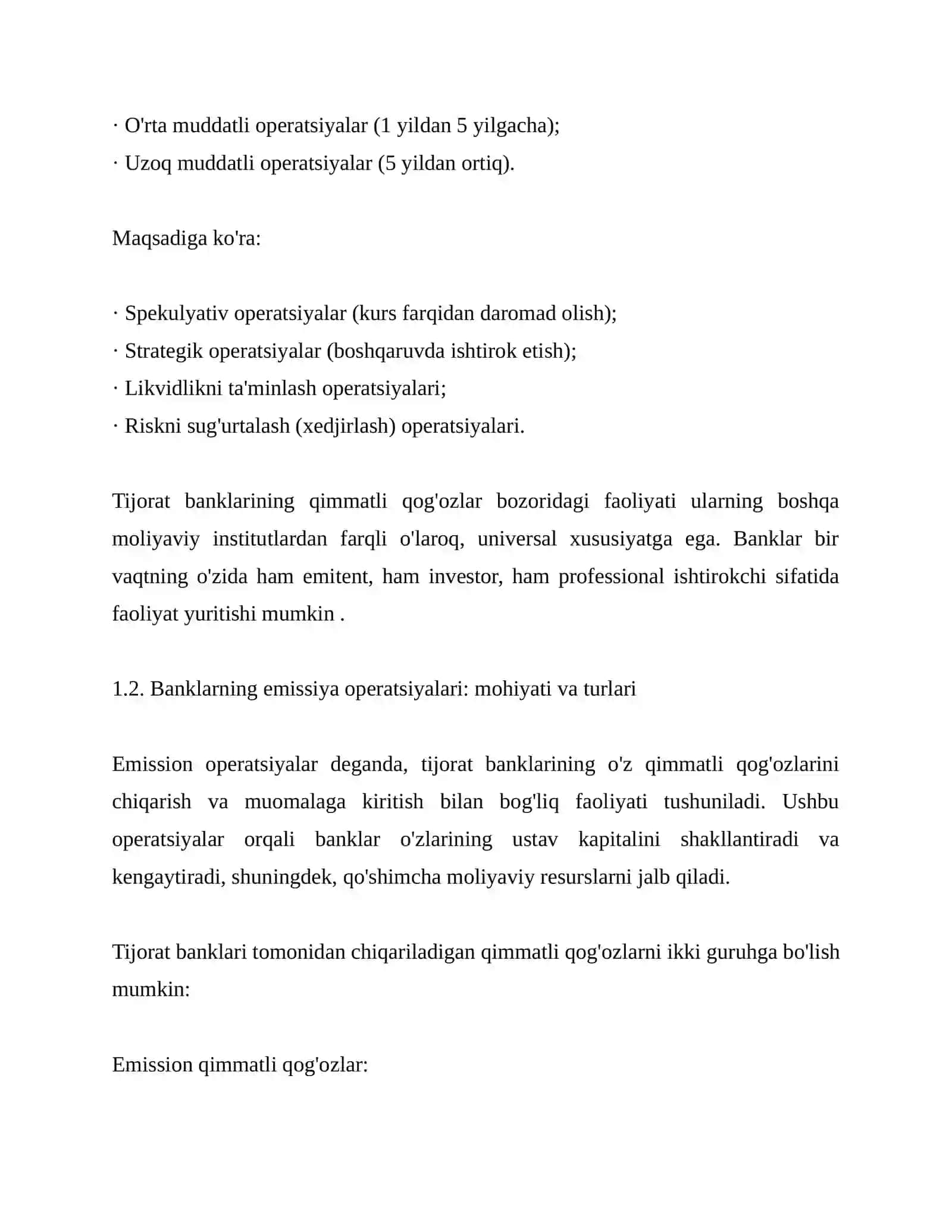 TIJORAT BANKLARINING QIMMATLI QOG'OZLAR BILAN OPERATSIYALARI: NAZARIYA, AMALIYOT VA RIVOJLANISH ISTIQBOLLARI 4