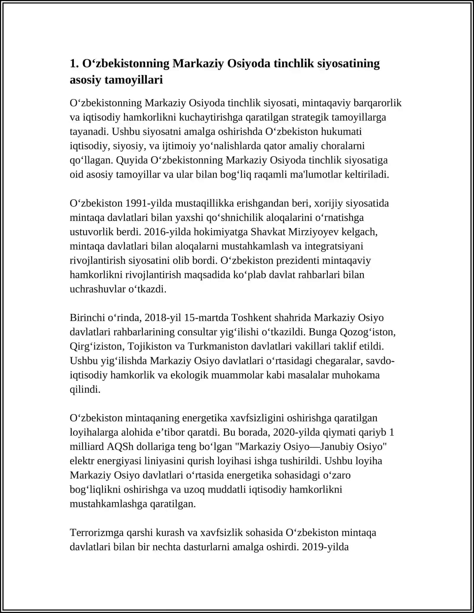 O'ZBEKISTONNING MARKAZIY OSIYODA TINCHLIK VA BARQARORLIKNI TA’MINLASHDAGI O’RNI 4