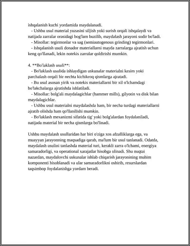 UN ISHLAB CHIQARISH TEXNOLOGIYASI FANIDAN MAYDALOVCHI USKUNALARNI SINFLANISHI 4