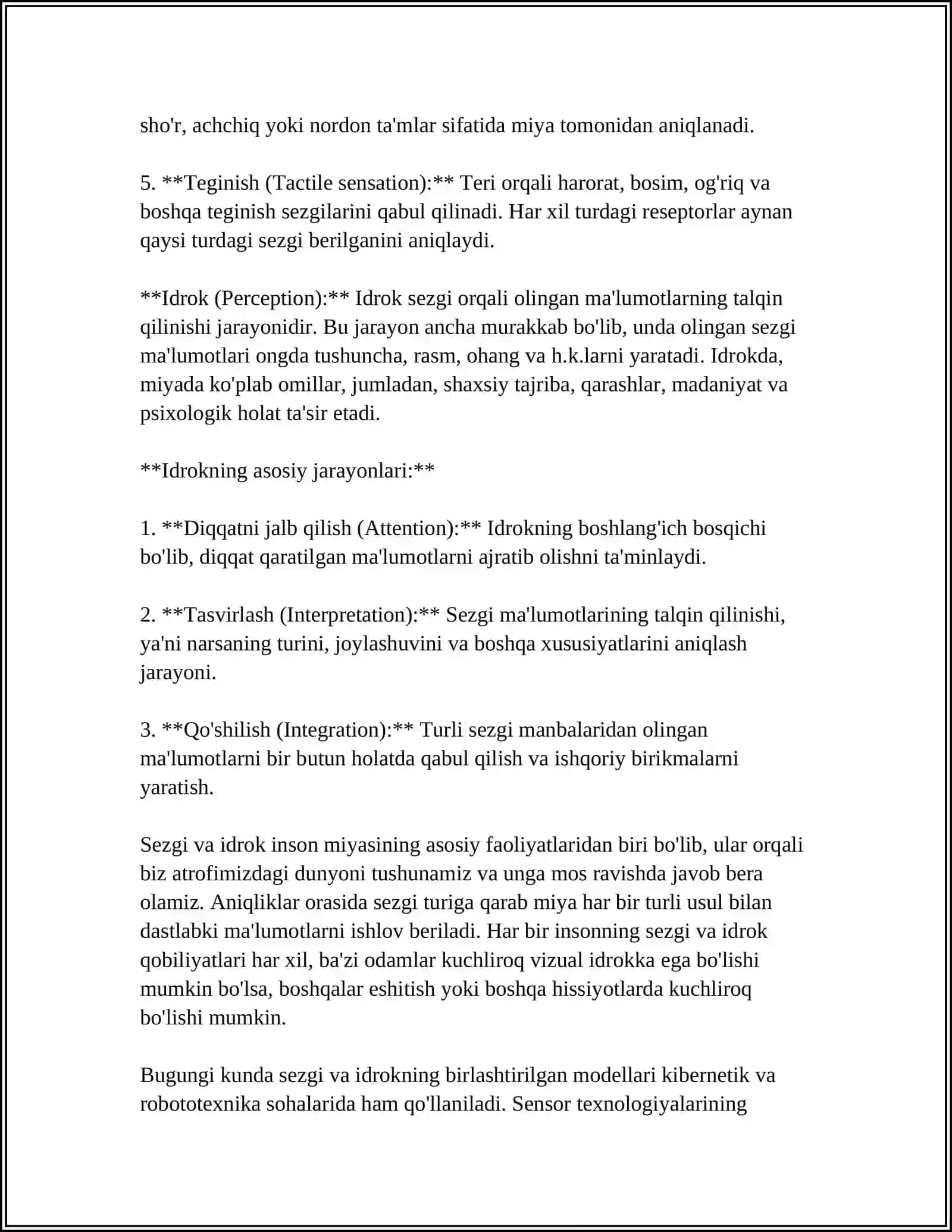 SEZGI VA IDROKNING PSIXOLOGIK MOHIYATI, FIZIOLOGIYASI 4