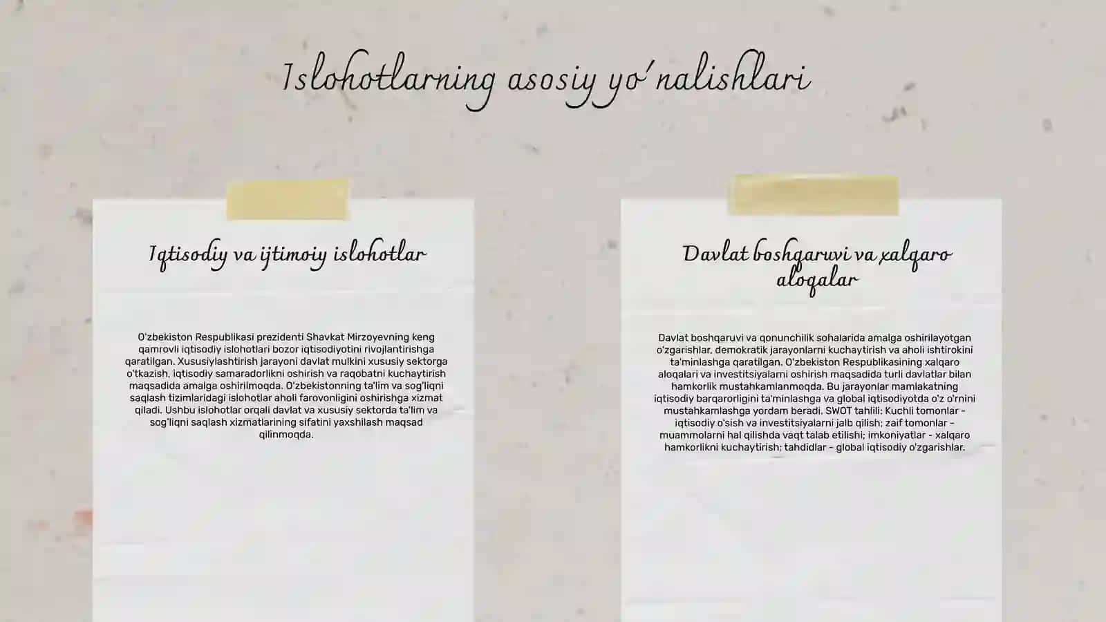 O'zbekiston Respublikasi prezidenti Shavkat Miromonovich Mirzoyoyevning keng miqyosli iqtisod islohotlari va uning mazmuni 4