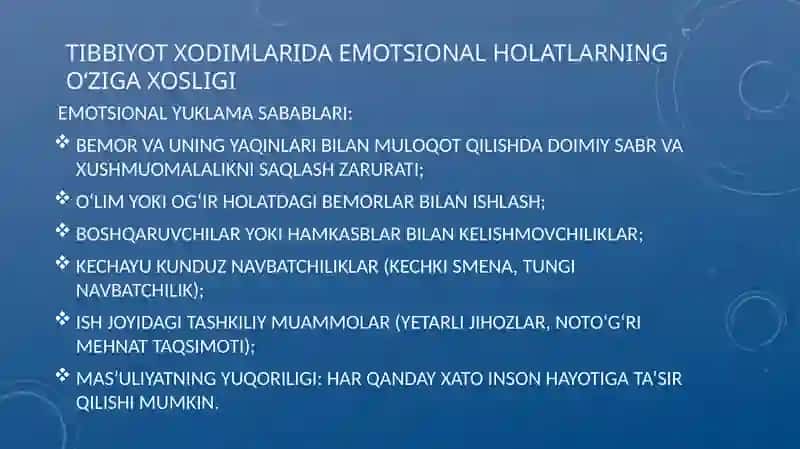 TIBBIYOT XODIMLARIDA EMOTSIONAL HOLATLARNING O’ZIGA XOSLIGI: STRESS VA UNING BOSQICHLARI, BAR 4