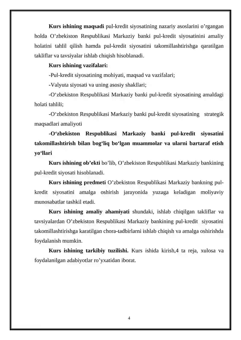 O’ZBEKISTON RESPUBLIKASI MARKAZIY BANKINING MAQSADI OPERATSIYALARI VA ULARNI TAKOMILLASHTIRISH YO’LLARI 4