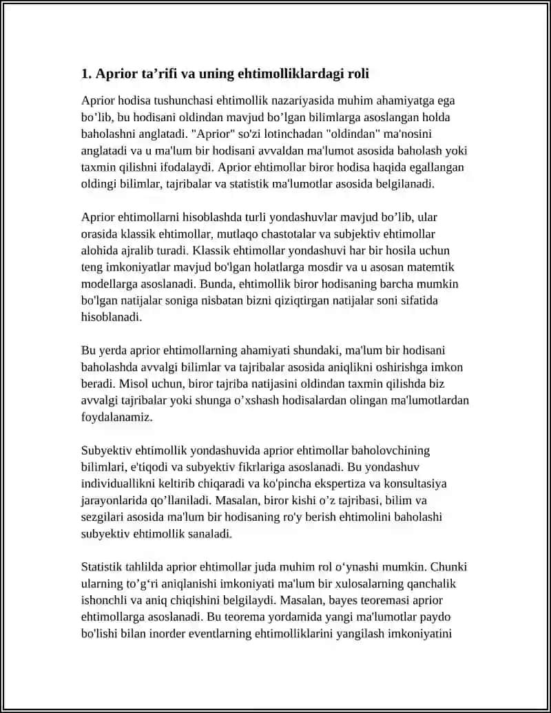 APRIOR VA APOSTERIOR HODISALAR, ULARNING EHTIMOLLIOKLARINI HISOBLASH 4