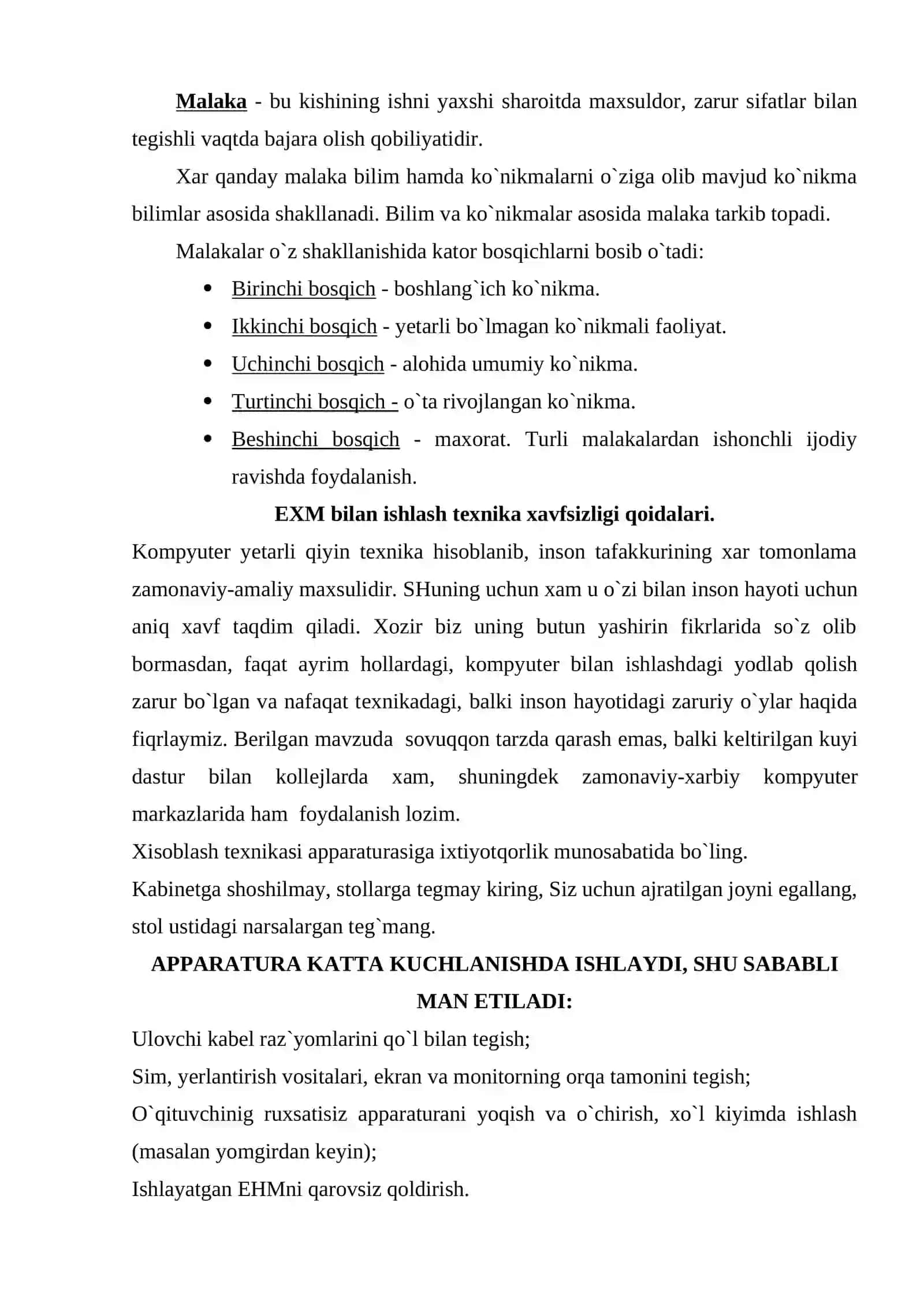 Kasbiy malaka. Kasbiy ko`nikma va malakalarni turlari 4