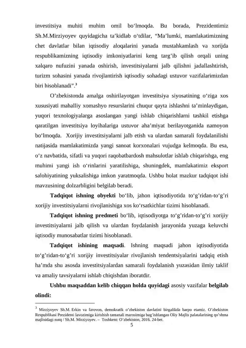 Toʻg’ridan-toʻg’ri xorijiy investitsiyalarning tasniflanishi va ularning milliy iqtisodiyottagi o’rni 4
