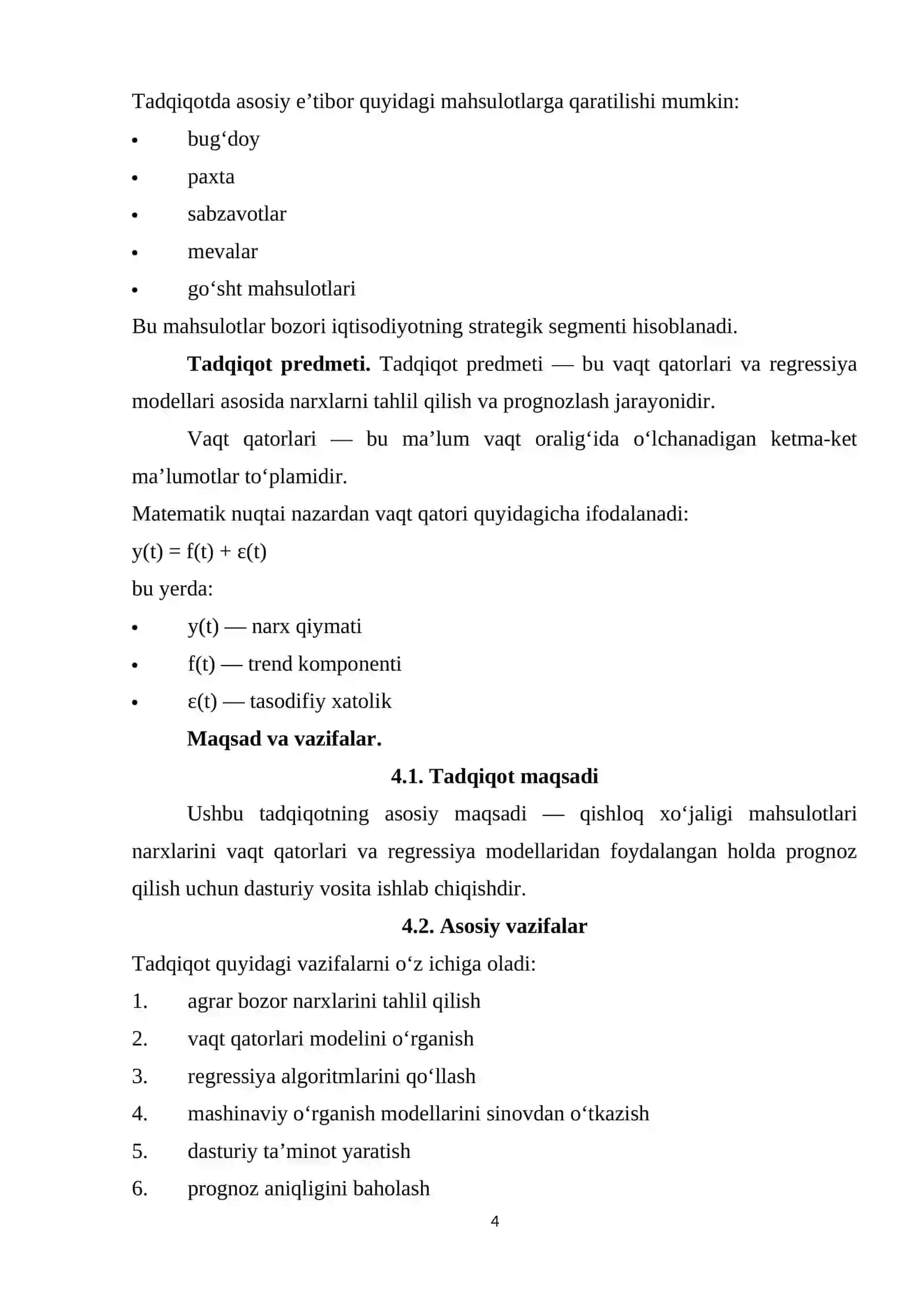 Qishloq xo‘jaligi mahsulotlari bozor narxlarining vaqt qatorlarini regression tahlil qilish dasturiy vositasi web ilovasi bilan 4